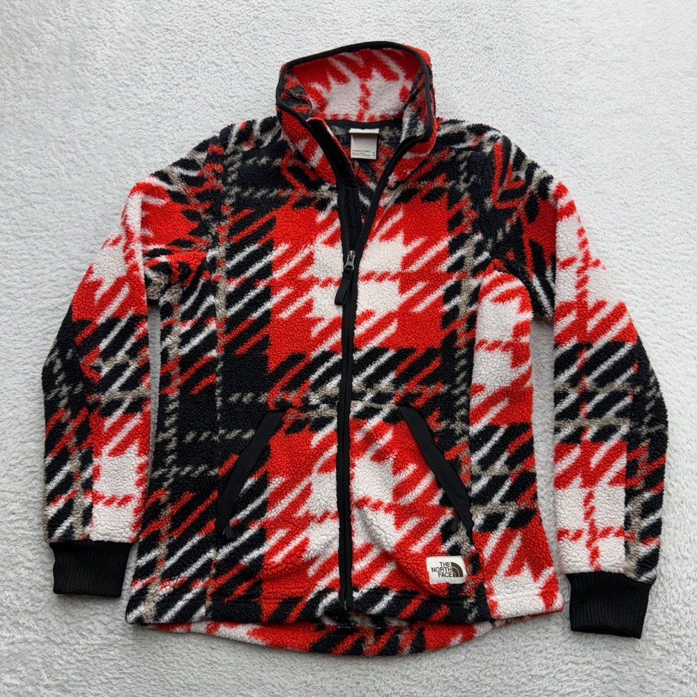 The North Face Womens XS Red Houndstooth Plaid Full Zip Sherpa Fleece Jacket